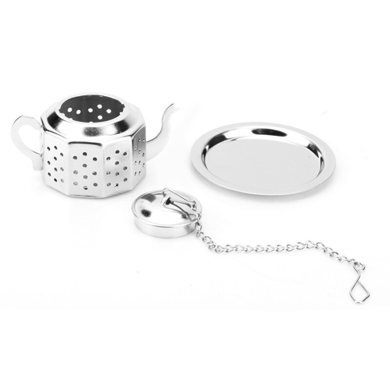 Stainless Steel Teapot Shape Tea Leaf Infuser With Tray Convenient Spice Drinking Strainer Herbal Filter