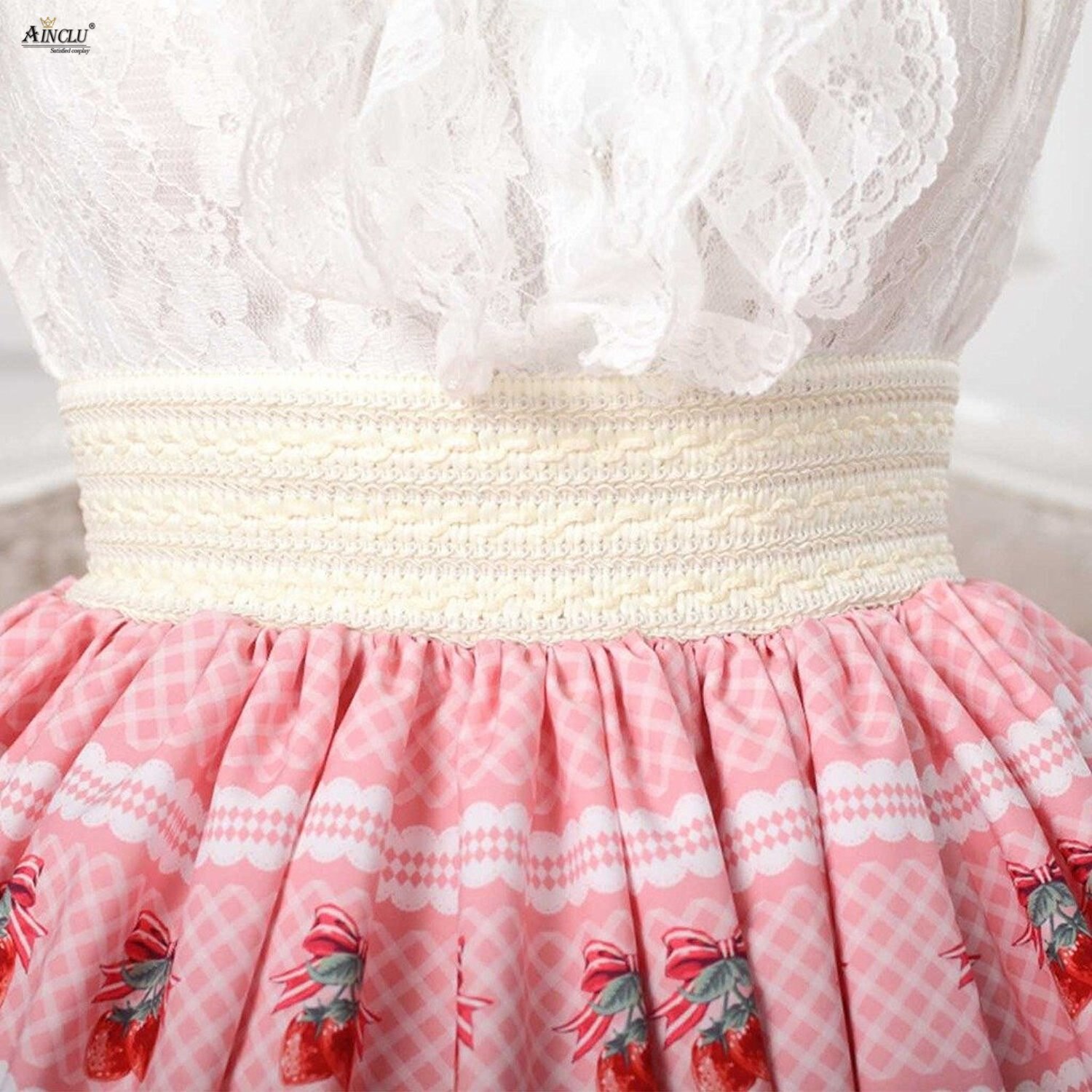 Kvinners kjæreste jordbærtrykte lolitaskjørt rosa polyester blondere prinsessefest fersk lolita puffskjørt