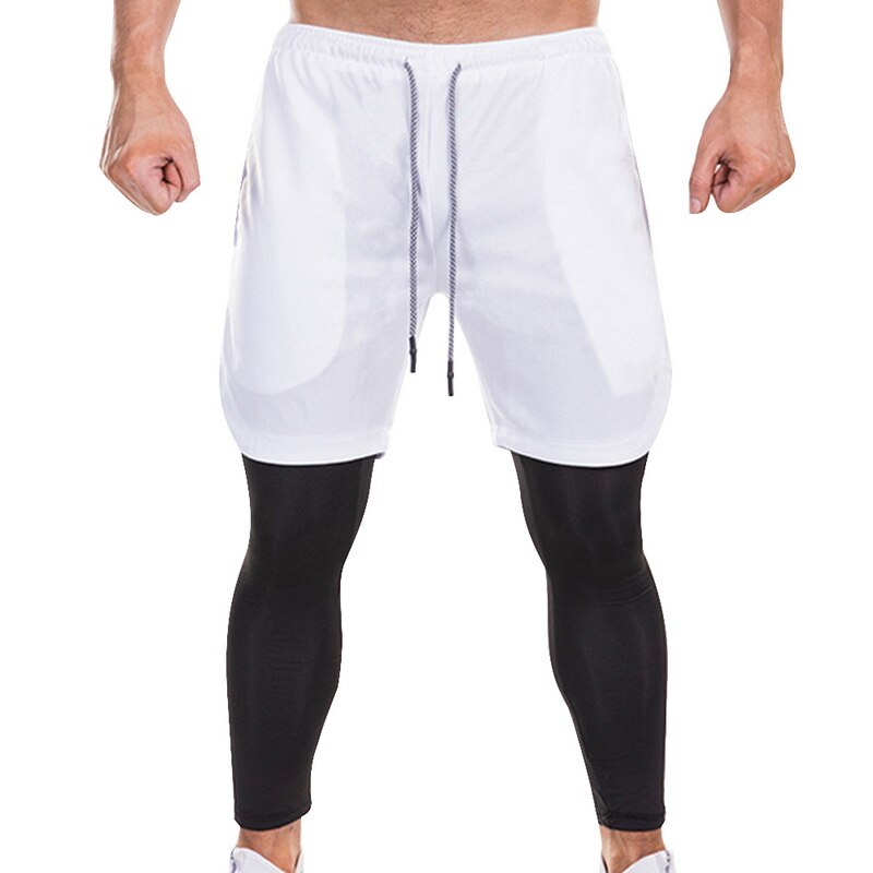 Mannen 2 In 1 Leggings Broek Veiligheid Zakken Leisure Sneldrogende Broek Ingebouwde Zakken Heupen Hiden Rits Fitness broek: XXL / white