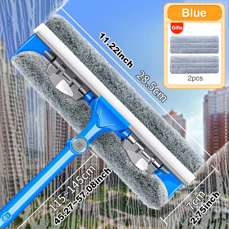Cepillo de limpieza de mango largo, limpiador de ventanas, escurridor de vidrio, varilla telescópica, herramienta de limpieza de vidrio de doble cara para el hogar con paño: Small Blue