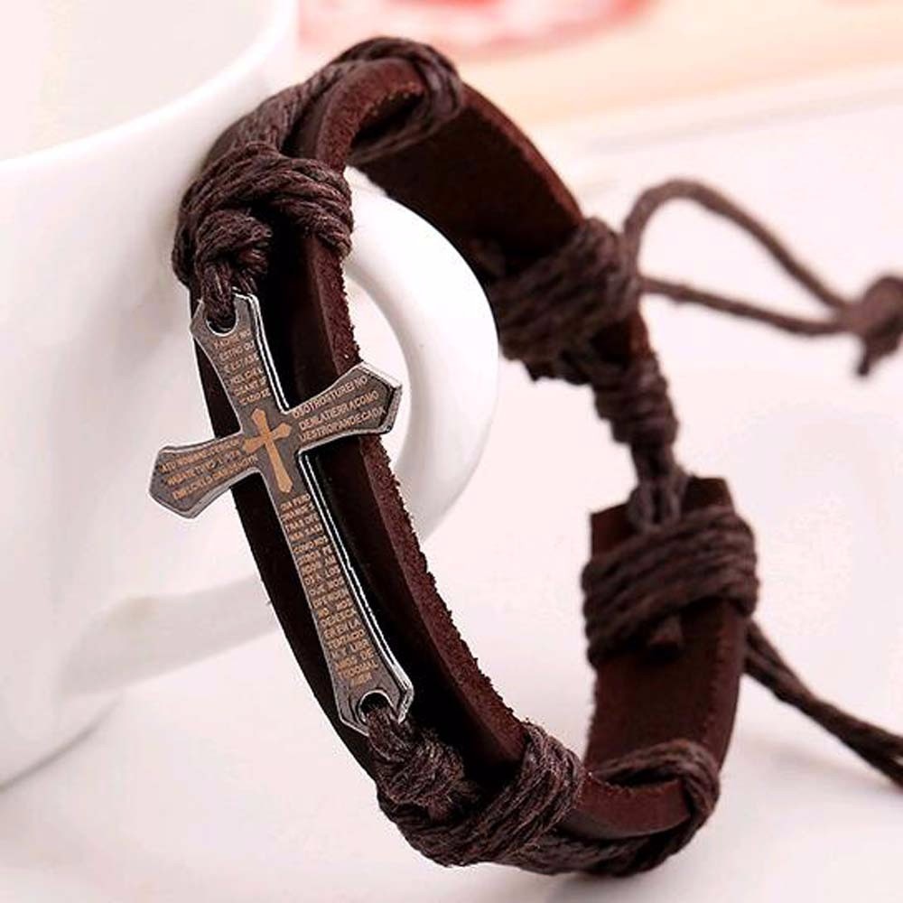 Neue Männer Frauen Schmuck Jahrgang Leder Armbänder &Ampere; Armreifen Metall Kreuz Jesus Charme Armbinde Einstellbar Wachs Schnur Armbinde