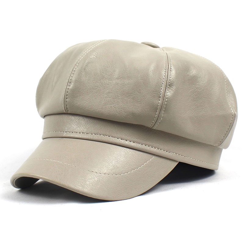 Lanxxy Autumn Winter Newsboy Caps for Women Vintage Solid Leather Beret Cap Casquette Hats Female: beige