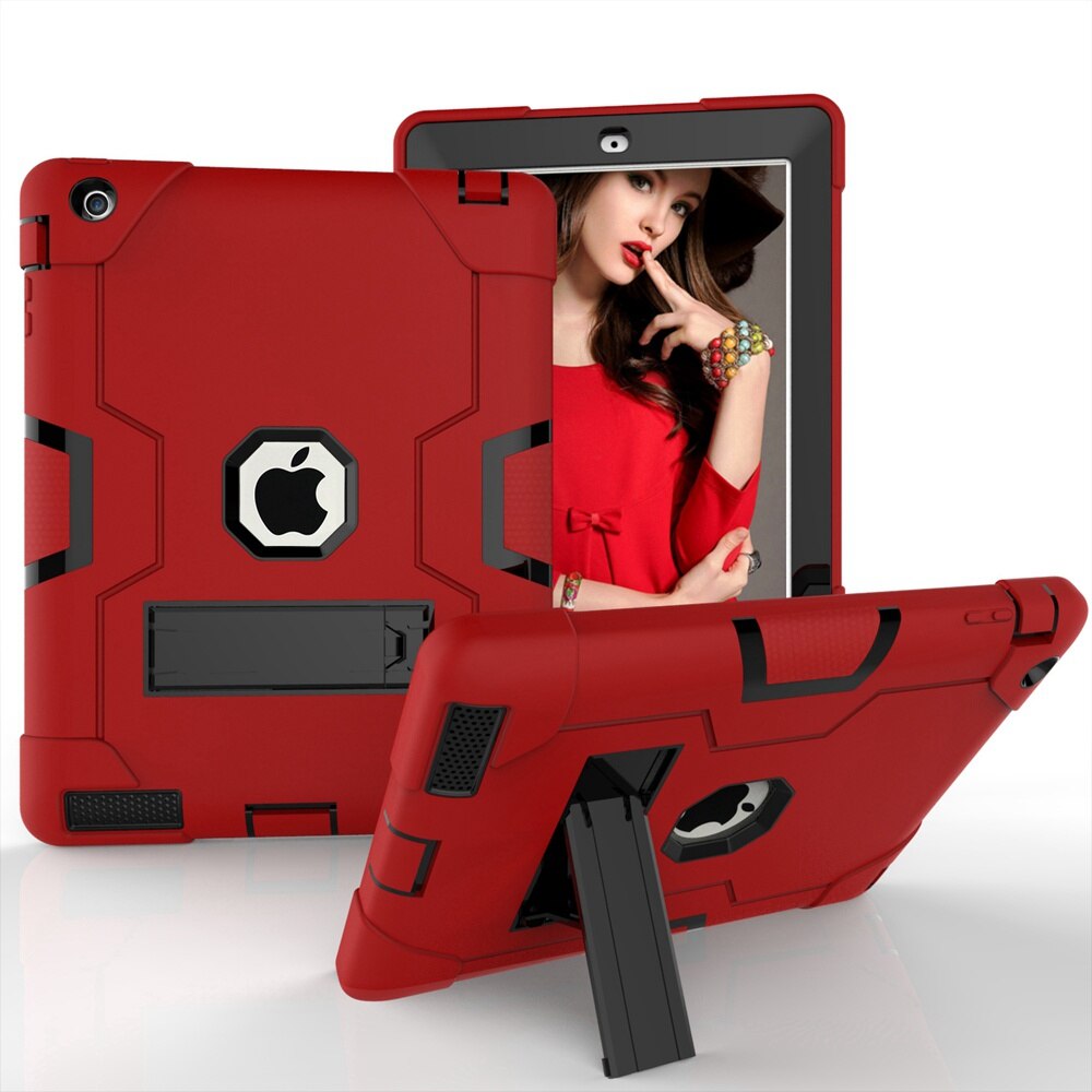 For Apple iPad 2 3 4 A1458 A1459 A1460 A1416 A1397 Case Shockproof Kids Safe PC Silicon Hybrid Stand Full Body Tablet Cover: Red - Black