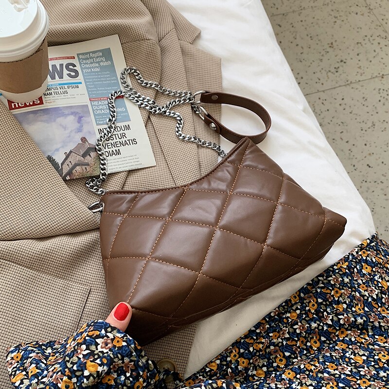 Soft PU Leather Women's Chain Shoulder Crossbody Bag Simple Ladies Small Square Messenger Bag Female Purse Handbags: Coffee