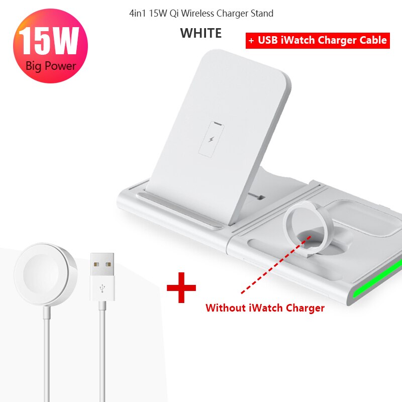4in1 15W Wireless Charger Splicing Stand Holder for Apple Watch 5 4 3 iPhone 11 Xs Max Airpods Pro/2 Fast Charging for Samsung: White Watch Cable