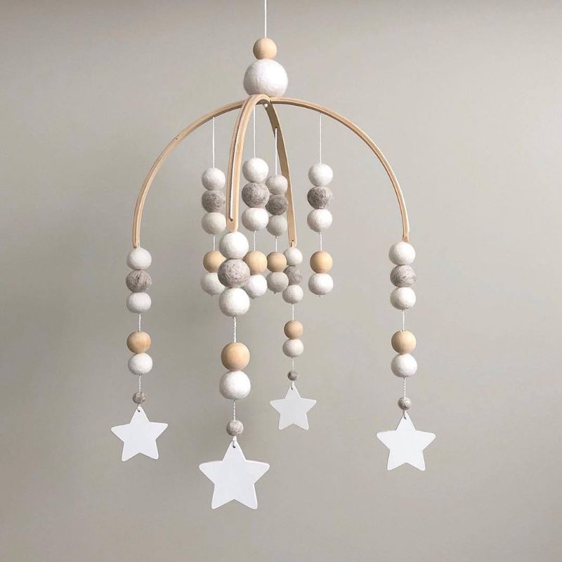 Baby Wool Balls Wooden Beads Mobile Rattles Bed Bell Wind Chimes Toy Decorations