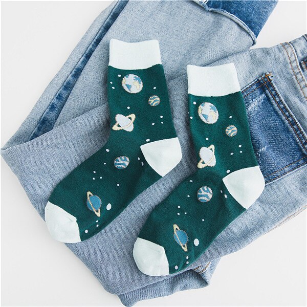 Chaozhu Onoverwinnelijk Schoonheid Meisje Leuke Chic Puss Katoen Roze Paars Cartoon Planeet Sokken Herfst Winter Kawai Super Sokken Dame: green