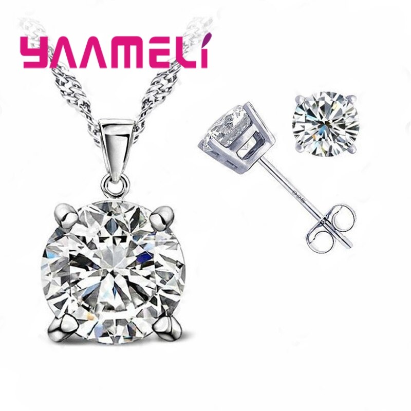 Classic Wedding Jewelry Cubic Zirconia Good 925 Sterling Silver Jewelry Sets Stud Earring Pendant Necklace Set: white