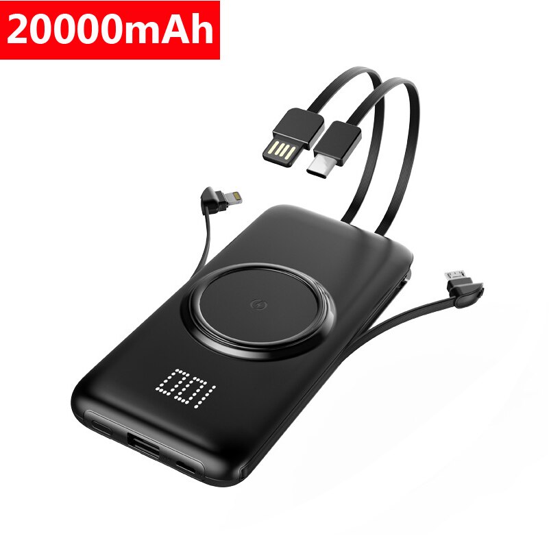 20000mAh Qi Wireless Charger Power Bank For Xiaomi iPhone Samsung Powerbank Built-in Cables External Battery Wireless Power Bank: 20000mAh Black