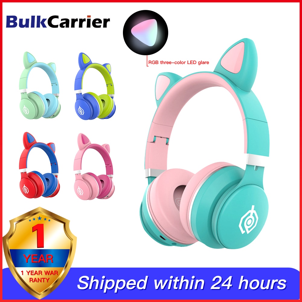 Auriculares Oreja de Gato LED con cancelación de ruido para niños y jóvenes, cascos con Bluetooth 5,0, soporte para tarjeta TF, enchufe de 3,5mm con micrófono