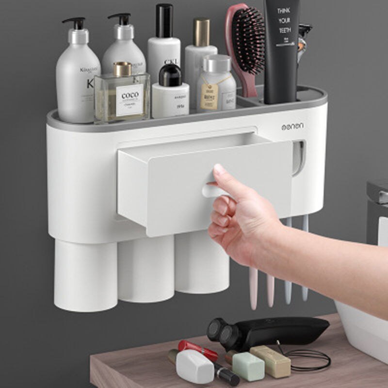 Magnetic Adsorption Inverted Toothbrush Holder Double Automatic Toothpaste Squeezer Dispenser Storage Rack Bathroom Accessories