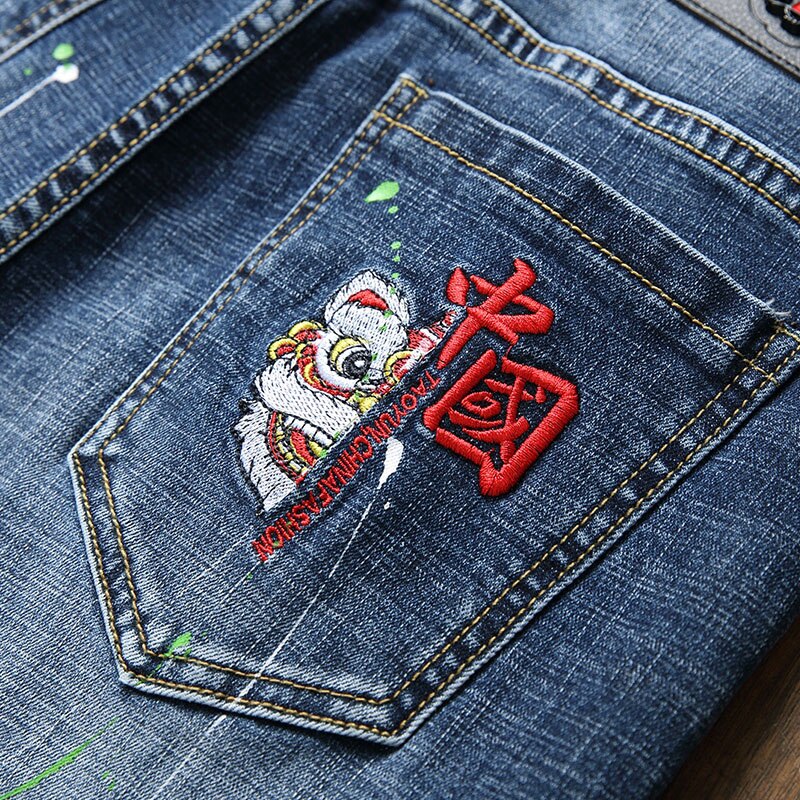 Pantalones vaqueros bordados para hombre, Jeans informales elásticos de pierna recta, ajustados, de , a la , primavera,