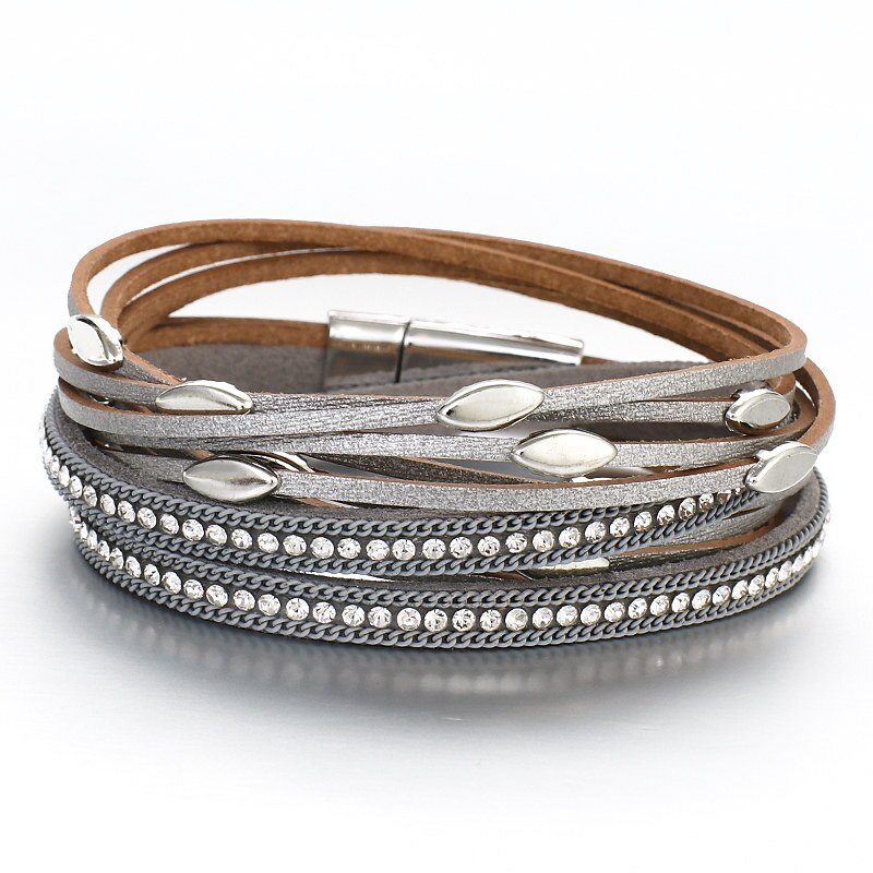 Flashbuy Multilayer Leather Leaf Bracelet For Women Unisex Jewelry Rhinestones Alloy Charm Leather Bohemia Wrap Bracelets: 2