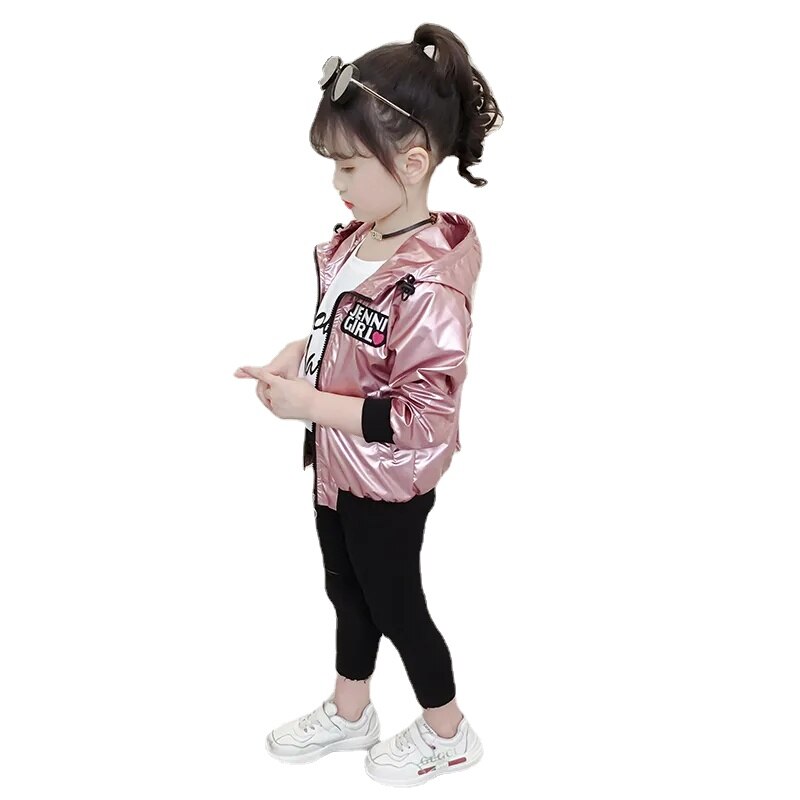 Teeny Meisjes Pu Shiny Bomber Jas Lente Herfst Geborduurde Baseball Jas Meisje Kinderen Bovenkleding Tops Outfits Windjack Jas