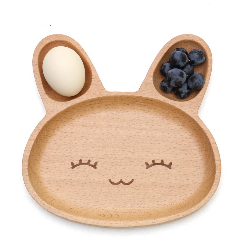 Wooden Divisions Compartment Plate Safe Healthy Cartoon Kids Tableware Rice Tray Breakfast Dinner Environmental: Rabbit