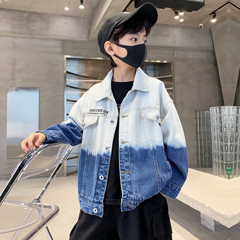 Menino primavera casaco 2022 novas crianças roupas adolescente gradiente denim jaqueta crianças casual retalhos outerwear 3 4 5 7 9 10 11 12 13 14 y