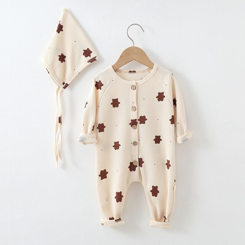 2Stck Baby Bodysuit Kleidung Kleinkind Karikatur Schlafanzug Rompers neugeboren Jumpsuits mit Hut Kleinkind Jungen Mädchen lang Ärmel Bär Outfits: Beige / 66cm