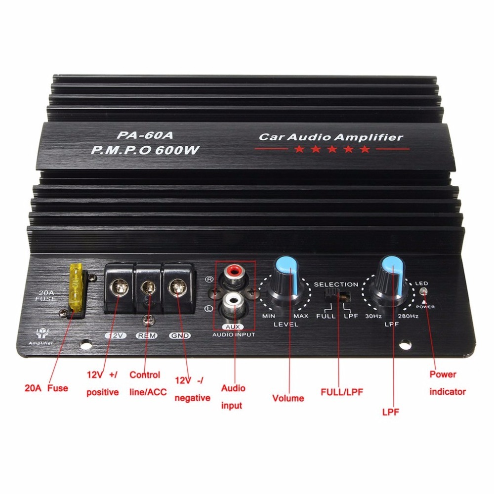 12V Mono 600W High Power Car Audio Amplifier PA-60A Wire Drawing Powerful Bass Subwoofers Amplifier With 20A Fuse
