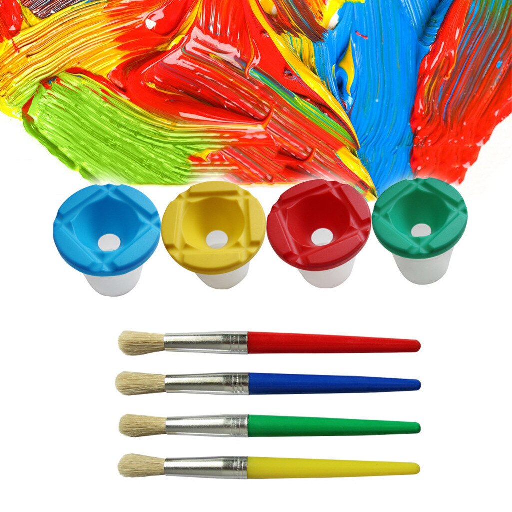 Spill Proof Paint Cups 4pcs Non Spill Paint Cup + 4pcs Paint Bristle Brush Assor