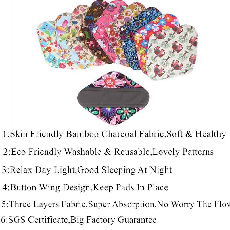 [simfamily] 10Pcs Reusable Pads Bamboo Charcoal Pads Sanitary Pads Washable Panty Liner Mama Maternity Menstrual Cotton Dads