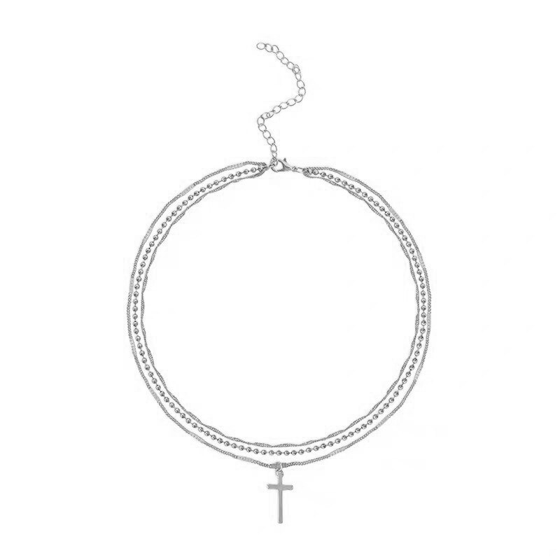 Einfache Multi-schicht Gold Kreuz Kette Anhänger Halskette Übertreiben Punk frauen Perlen Halsband Damen Partei Schmuck Mädchen: Silver