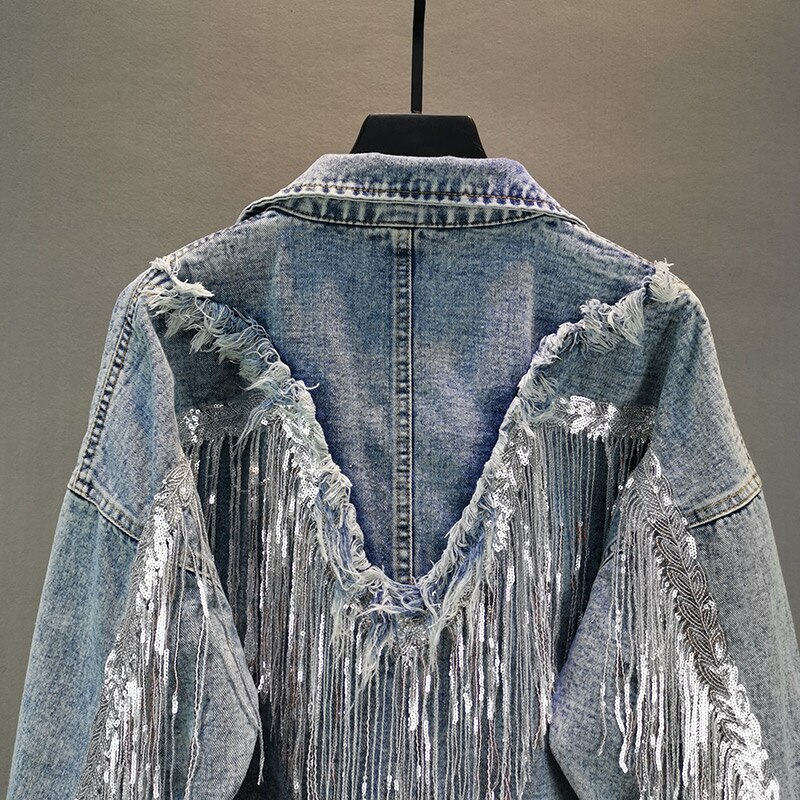 Chaqueta vaquera con Flecos para mujer, pantalón corto, suelto y delgado, Top ajustado, chaquetas con Flecos brillantes, traje de Rave
