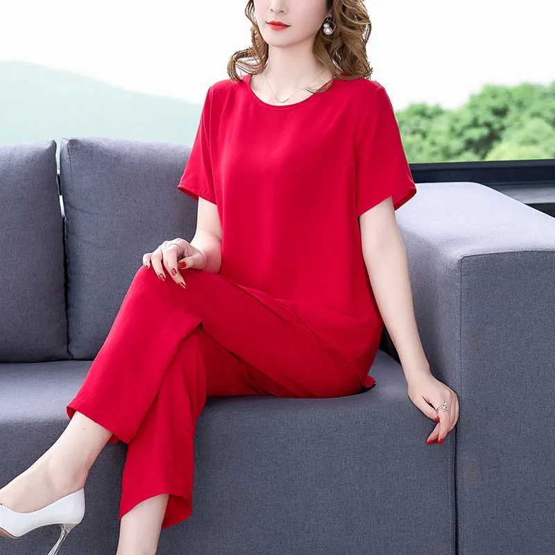 Women Pants 2-Piece Set Female Summer Set Middle aged Female Loose Tops+ Wide leg Pants Two-Piece Suit Short Sleeve Suit 4XL