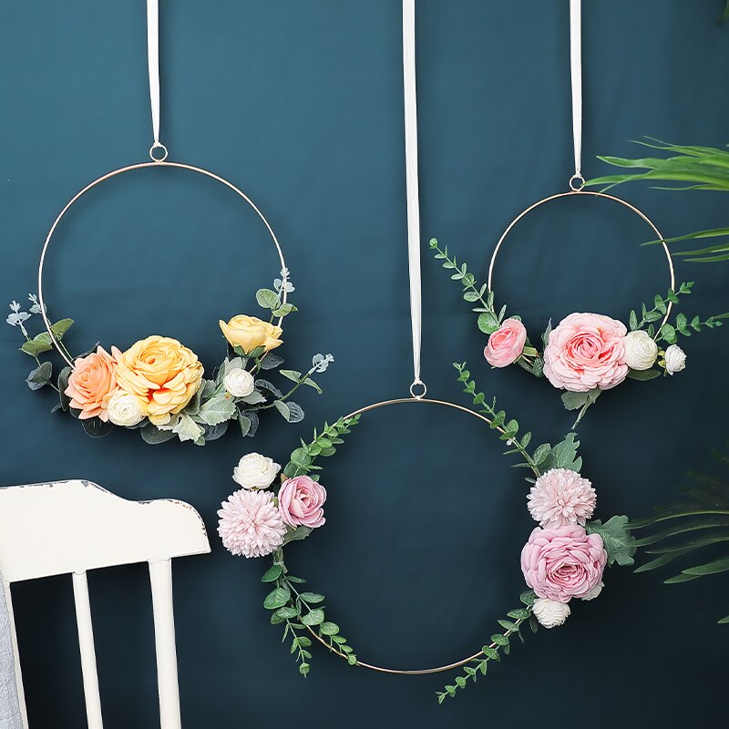 20-30cm Iron Rope Gold Metal Ring Wreath Garland Flowers Wedding Bride Flowers Wreath Handmade Wall Hanging Garland Decoration