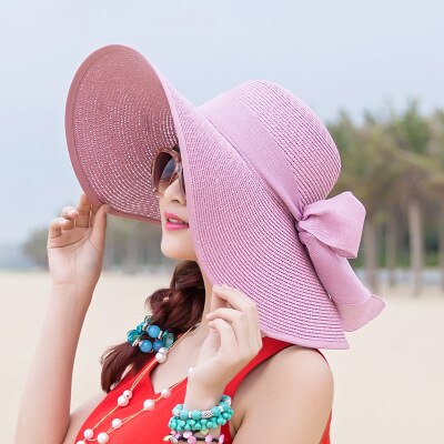 Women Ladies Summer Hats Straw Hats Bow Beach Foldable Sun Hats: Soild Light Purple