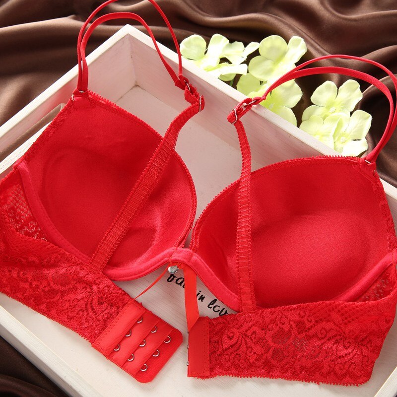 Red Women Bras Ladies Bow Cozy Thin Underwire Padded Push Up Lace Bra Panties Sets