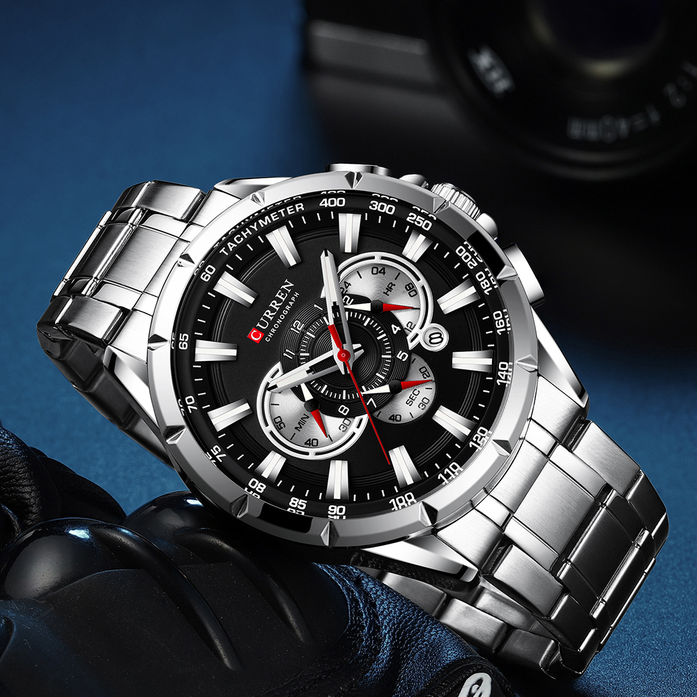 CURREN Casual Sport Chronograaf Heren Horloges Roestvrij Stalen Band Horloge Grote Wijzerplaat Quartz Klok met Lichtgevende Pointers