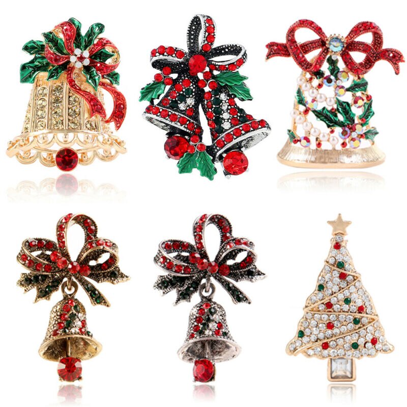 Etnische Stijl Broches Kerst Strass Boom Bell Broche Pin Crystal Kerstman Xmas Party Sieraden