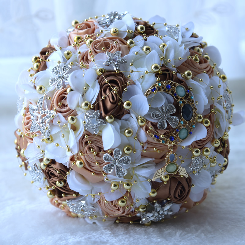 Kyunovia charmant Mond Sterne Brosche Strauß Satinband Braut Hochzeitsstrauß Brautstrauß Perlen Burgund Rosen Hochzeit Strauß FE43