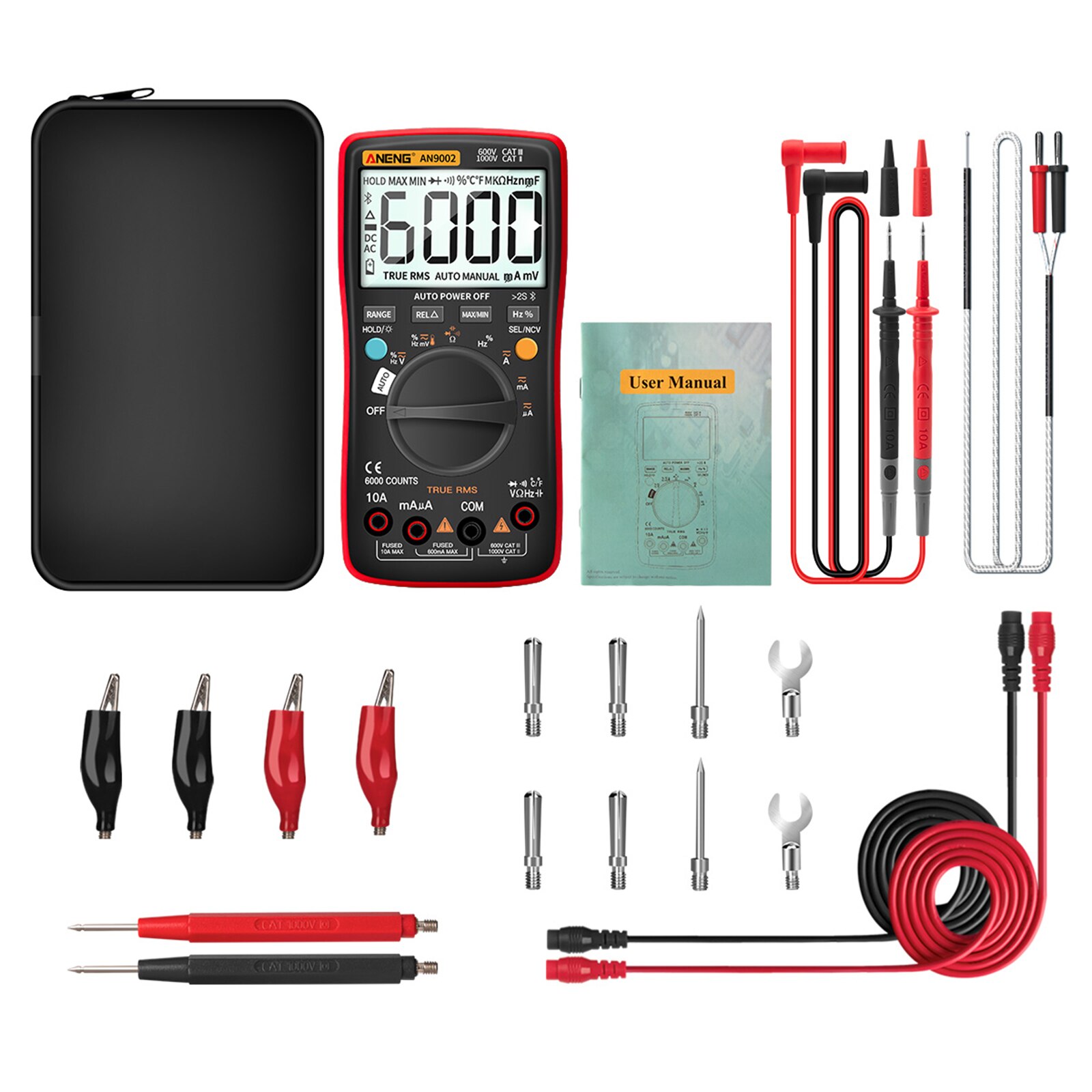 jakiś9002 cyfrowy multimetr Bluetooth 6000 zlicza profesjonalny MultimetroTrue RMS AC/DC woltomierz automatyczny-zakres: czerwony zestaw B