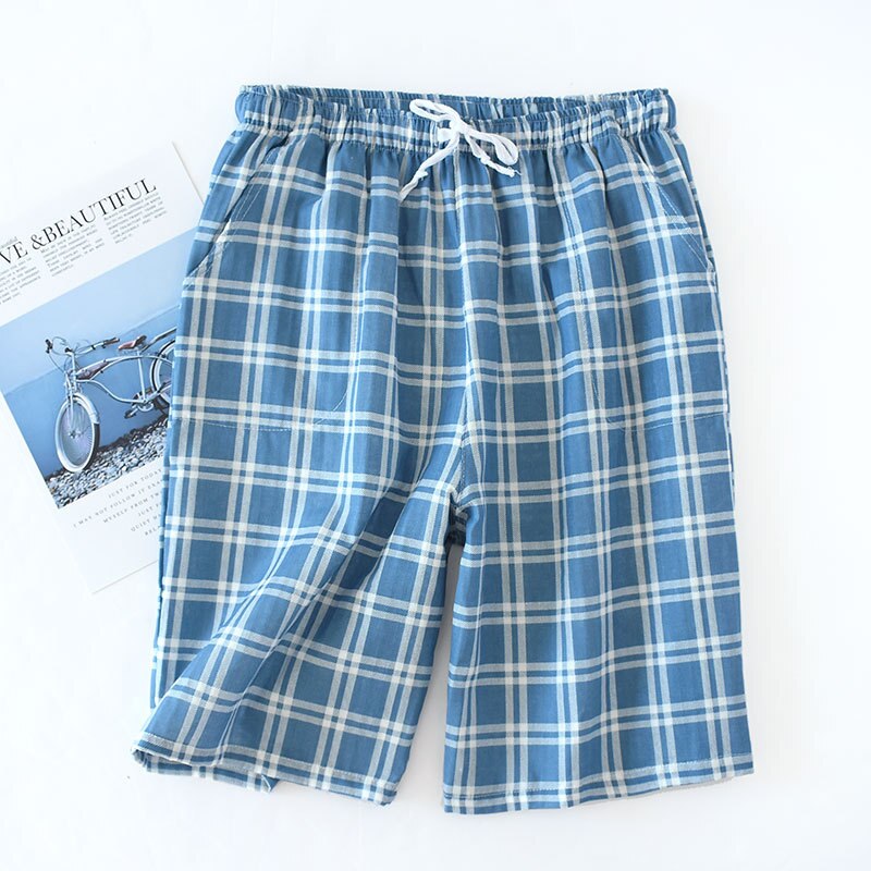 Mens Cotton Gauze Sleep Bottoms Plaid Knitted Pajama Pants Loose Sleepwear Lounge Wear Trousers Men Elastic Band Pijama Shorts #: blue shorts / XL