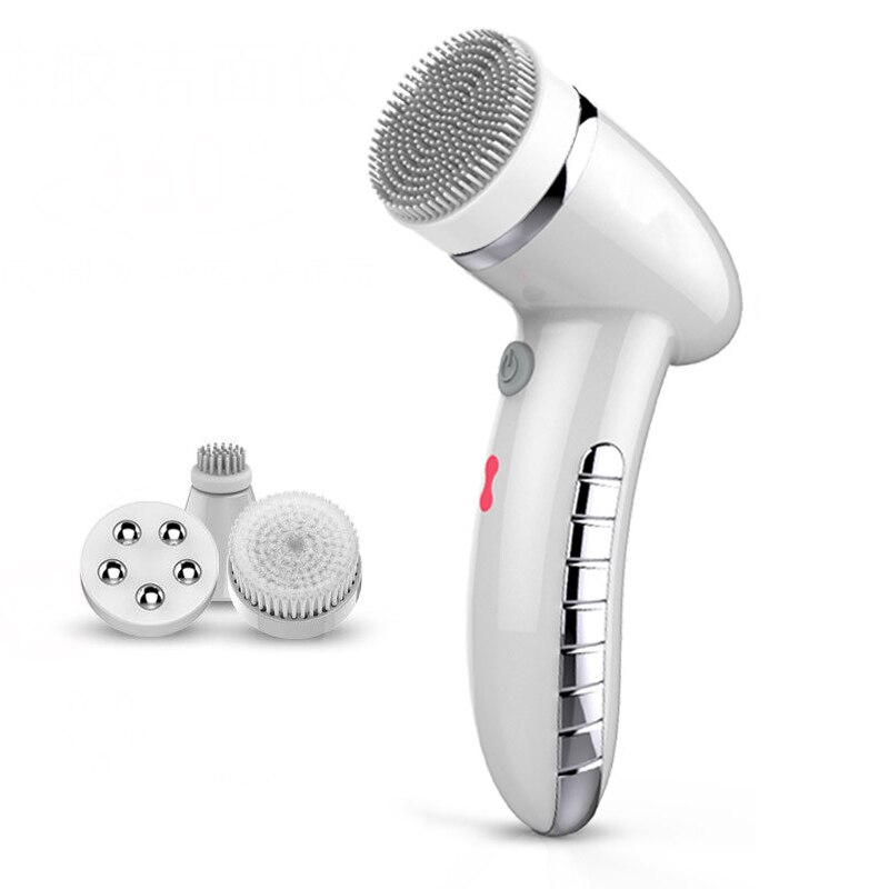 4 In 1 Wash Facial Cleansing Brush Sonic Vibration Face Cleaner Electric Waterproof Massage with 4 Heads Face Cleaning Apparatus: white