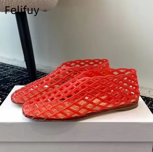 Zapatos de gelatina de malla roja, zapatos de playa con punta redonda hueca, cómodas sandalias transparentes de plástico, novedad de verano, zapatos de gelatinas planos tejidos: Azul cielo / 42