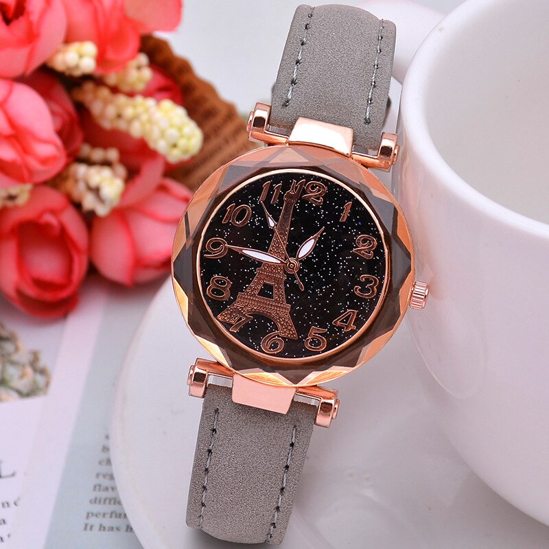 Casual Starry Sky Watches for Women Leather Band Ladies Quartz Wrist Watches Women Watches Laides Clock Relogio Feminino: Gray Color