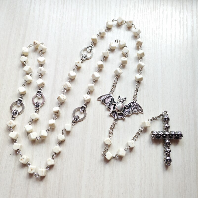 Qigo Mode Mannen Sieraden Vintage Bat Schedel Kruis Hanger Ketting Lange Kralen Strand Ketting