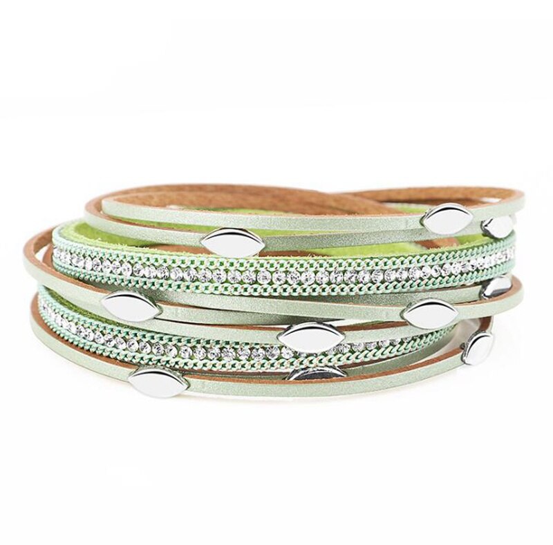 Multilayer Leather Leaf Bracelet Shiny Rhinestone Inlaid Women Charm Prom Jewelry: Green