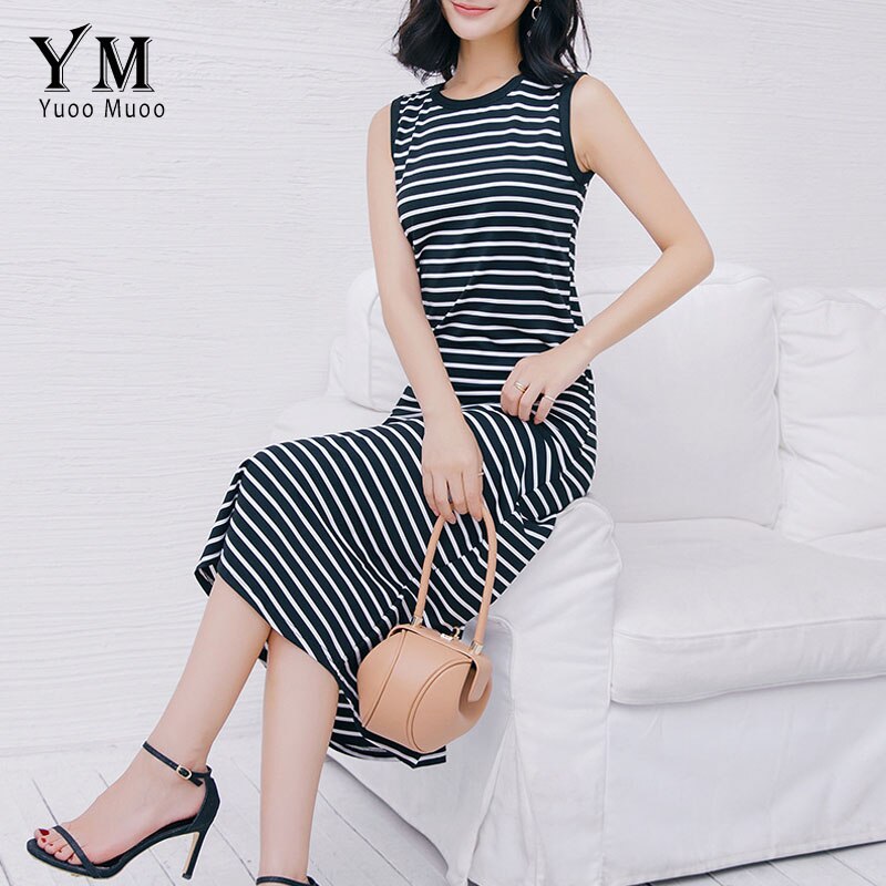 Yuoomuoo plus size lang sommer kvinder kjole hvid sort stribet afslappet maxi tank kjole a line strand kjole streetwear: Sort / Xl