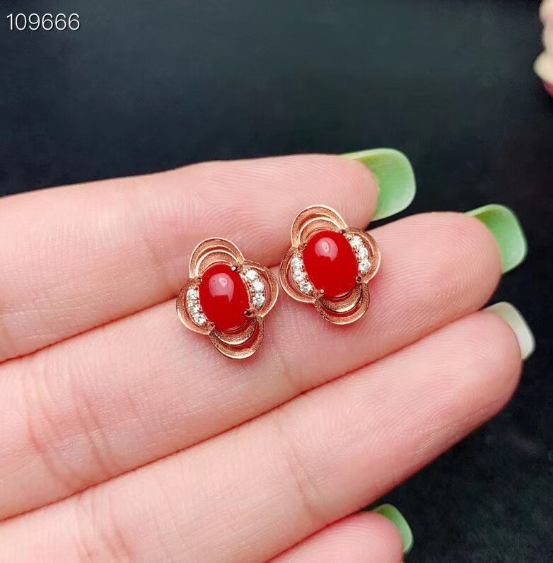 KJJEAXCMY Fijne sieraden 925 sterling zilver ingelegd natuurlijke red coral dames hanger ketting ondersteuning detectie set: Earrings