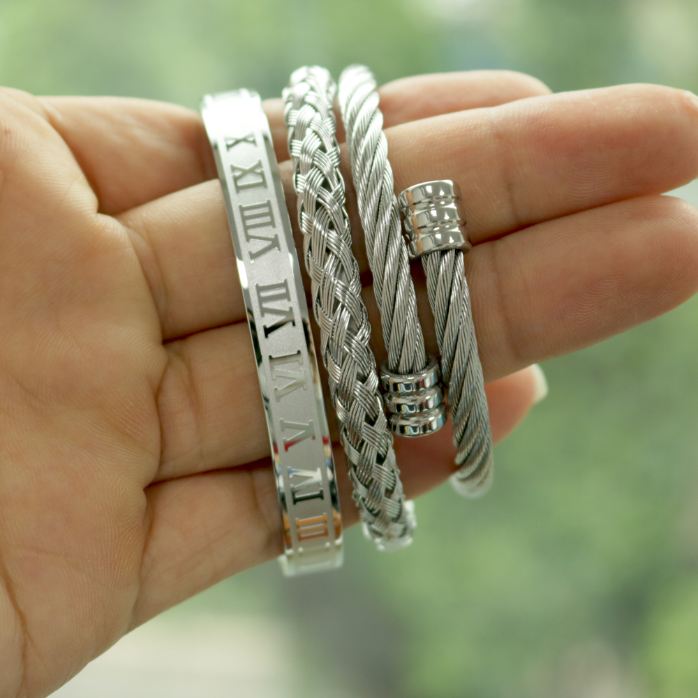 Borasi 3pcs/set Luxury 316L Stainless Steel Wristband Braiding Bangles Opening Cuff Bracelets For Men amazing price: Steel Color