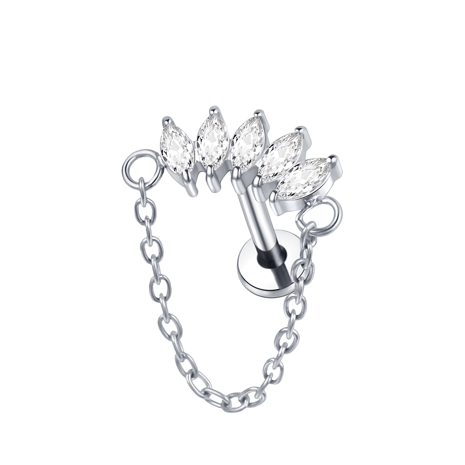 Pendientes de titanio para cartílago de la oreja, Piercings de rosca interna, perno de hélice oculto, cadena drapeada CZ, joyería con parte posterior plana, 16G, 1 ud./5 uds.