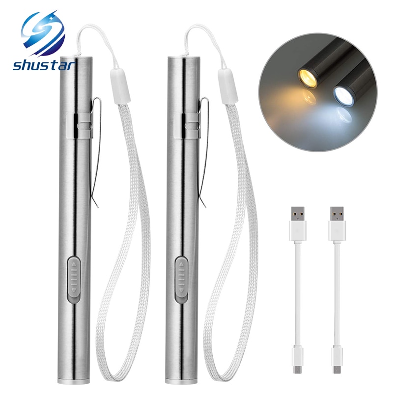 Oplaadbare LED Zaklamp Pen light MINI Torch Koel wit + warm wit licht Met usb-oplaadkabel Gebruikt voor camping, artsen