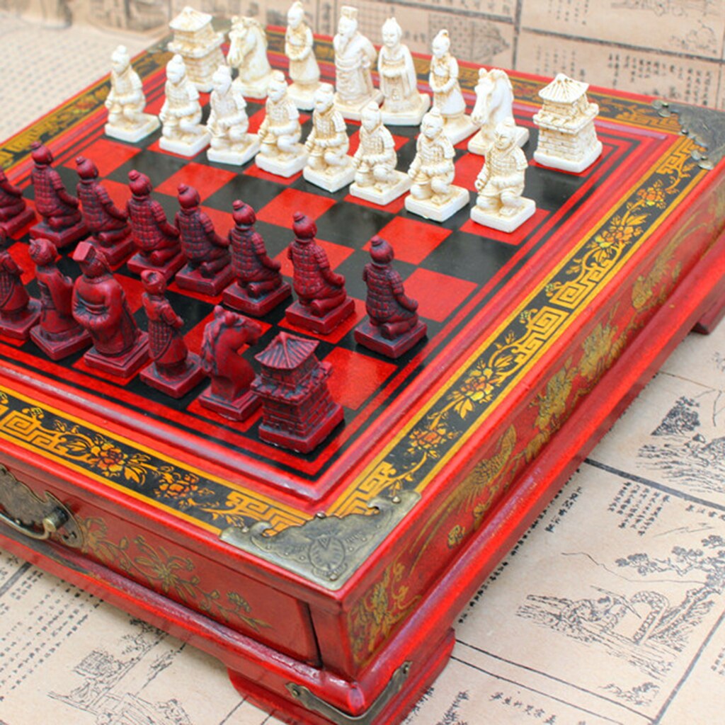 Ancient Chinese Style Collectible Wood Chess Set Chessman Classic Warriors Chess Board Table Games for Kids Adults Families