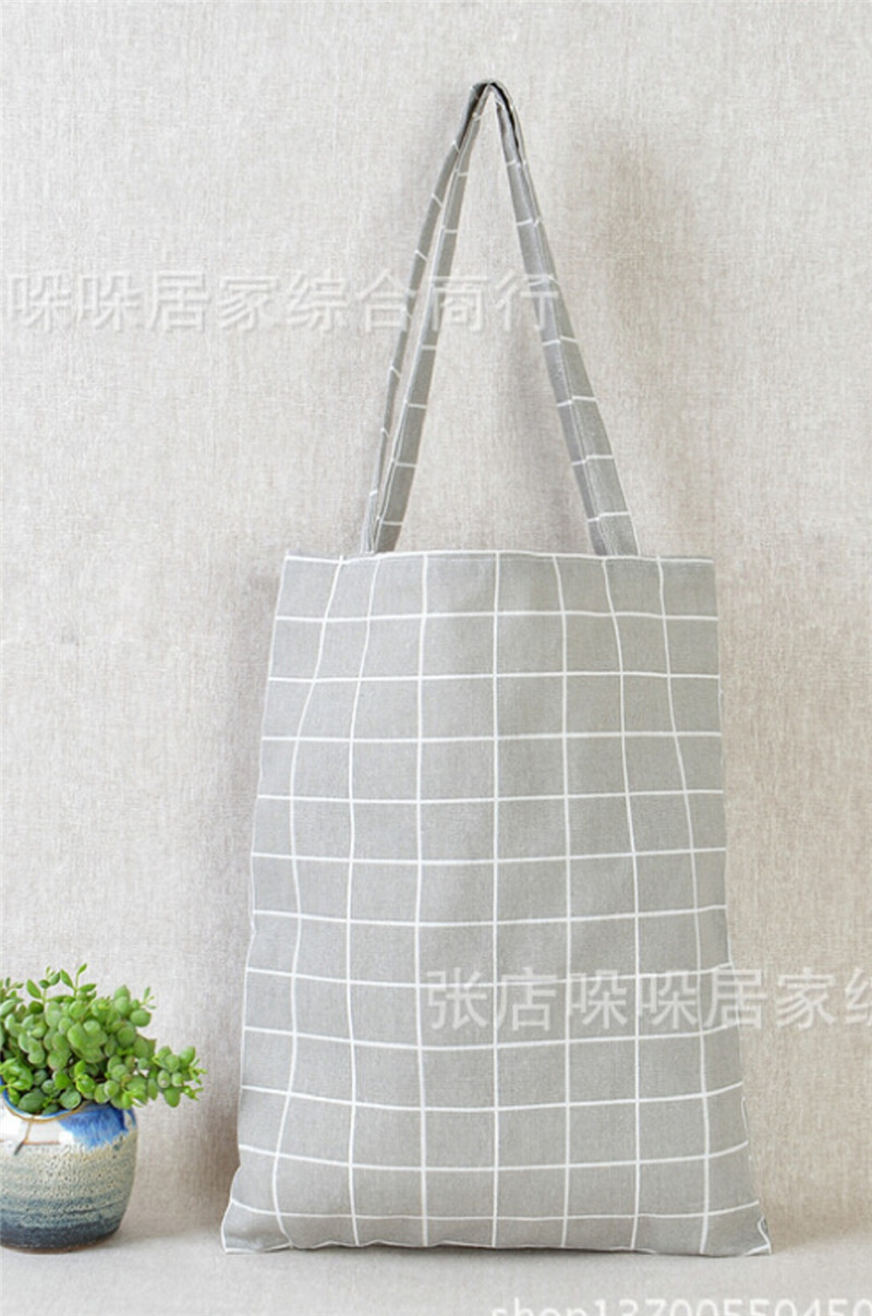 Femmes Plaid lin coton sac à provisions femme toile tissu sacs à bandoulière environnement stockage sac à main réutilisable Eco épicerie fourre-tout: Gris