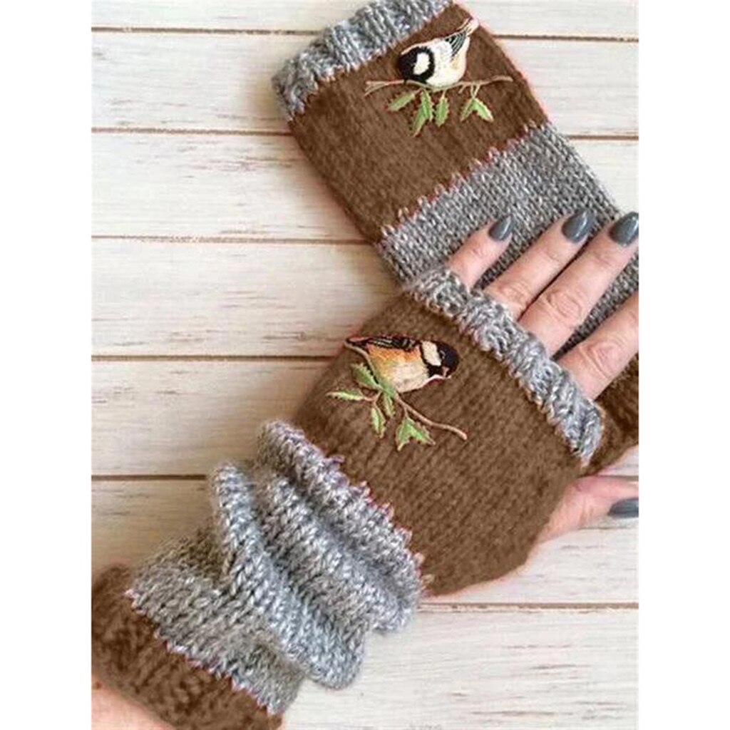 Guantes de punto con bordado de pájaros para mujer, guantes de punto sin dedos y de terciopelo con empalme de bloque de Color, guantes para mujer, guantes de Rekawiczki Damskie: Coffee