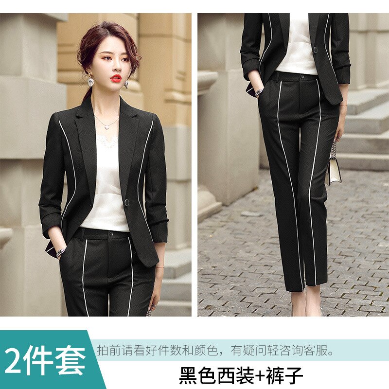 Plus size dame s -4xl business jakkesæt bukser todelt efterår og vinter slim fit dame blazer casual bukser: Sort / Xl