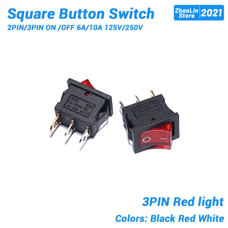 Square Button Switch For Boat Car Rocker Switch 2PIN/3PIN ON /OFF 6A/10A 125V/250V Black Red and White: 3PIN Red light / 10PCS